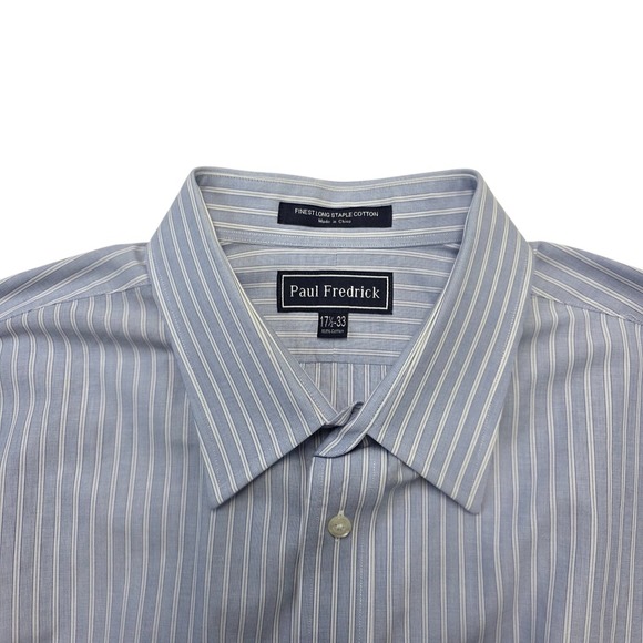 Paul Fredrick Mens 17 1/2 33 Blue Striped Long Sleeve Button Down Dress Shirt - Picture 4 of 6